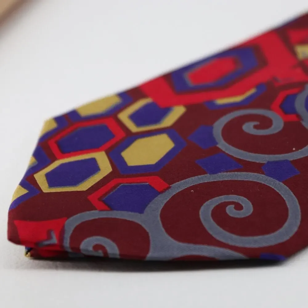 Vtg Geoffrey Beene Silk Tie Men 56 in Red Bright Multicolor Geo Abstract Wide
